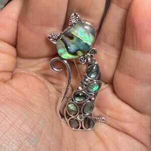 Cat Brooch Abalone Inlay Silver Tone Convertible Pendant 2.25”